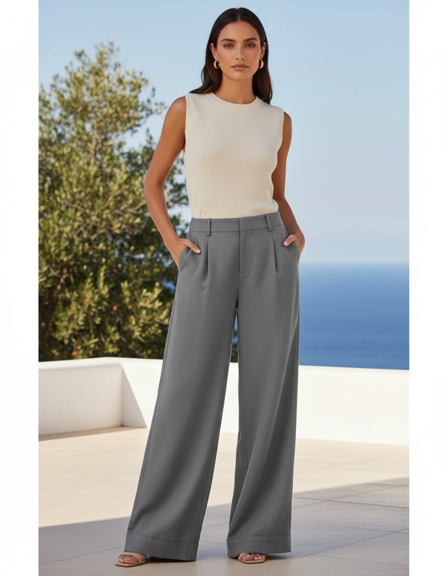 Pantalon En Lin Gris Large Décontracté Fluide Élégant