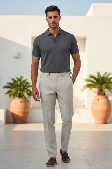 Pantalon En Lin Beige Clair Ajusté Homme Élégant