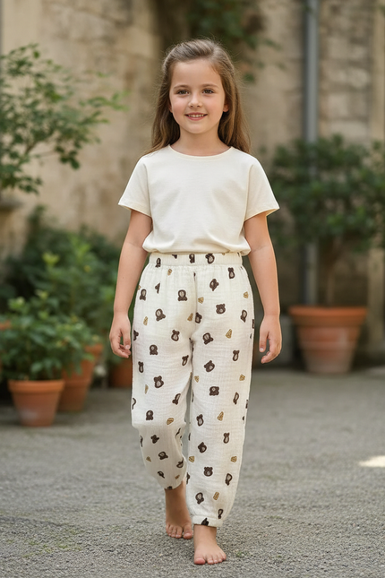 Pantalon En Lin Blanc Imprimé Ours Ample Enfant