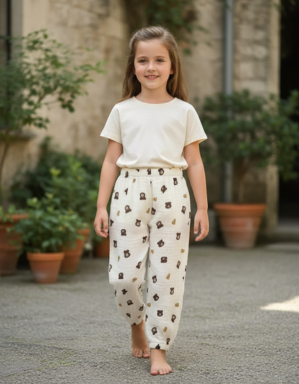 Pantalon En Lin Blanc Imprimé Ours Ample Enfant