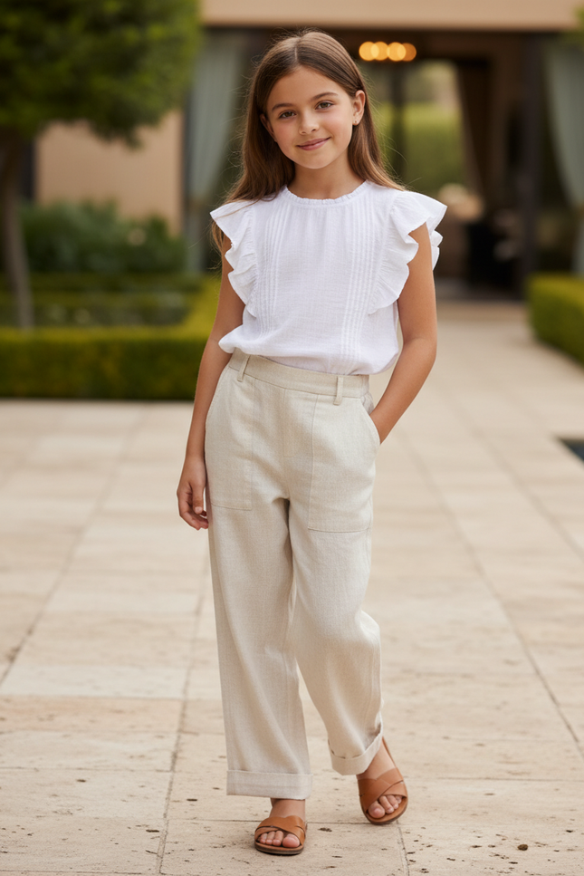Pantalon En Lin Beige Ample Décontracté Fille