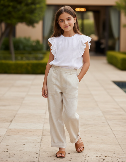 Pantalon En Lin Beige Ample Décontracté Fille