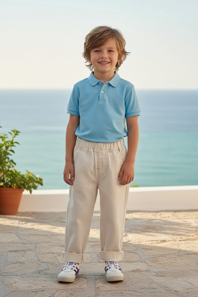 Pantalon En Lin Écru Droit Décontracté Enfant - Beige