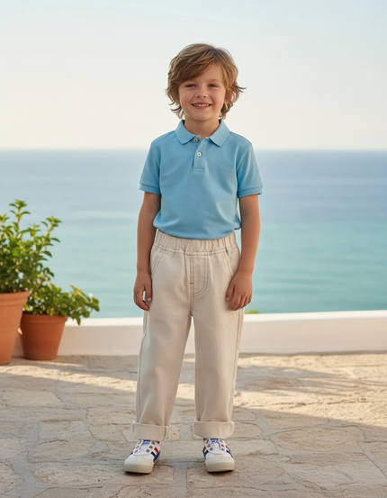 Pantalon En Lin Écru Droit Décontracté Enfant - Beige