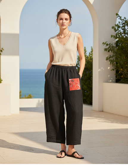 Pantalon En Lin Noir Ample Décontracté Motif Floral