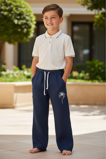 Pantalon En Lin Bleu Marine Droit Enfant Motif Palmier