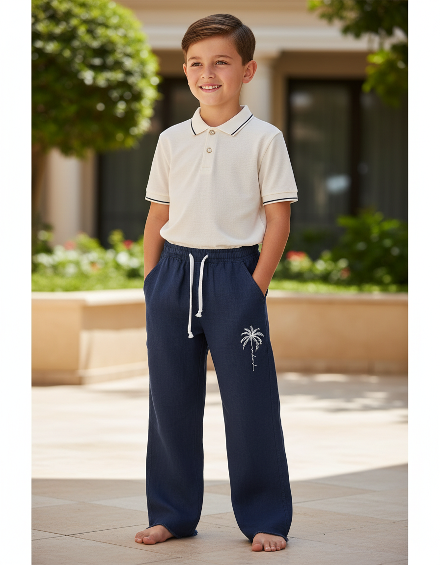 Pantalon En Lin Bleu Marine Droit Enfant Motif Palmier