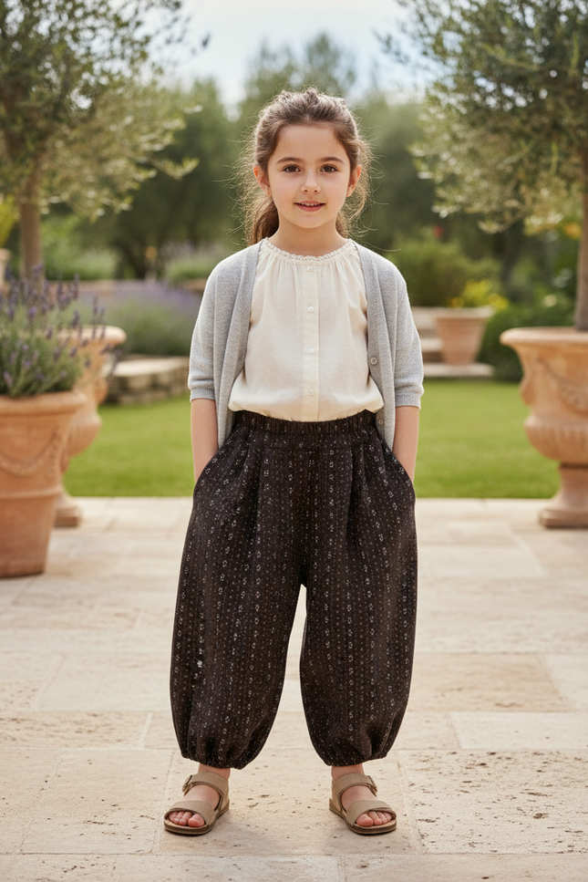 Pantalon En Lin Noir Ample Imprimé Floral Enfant