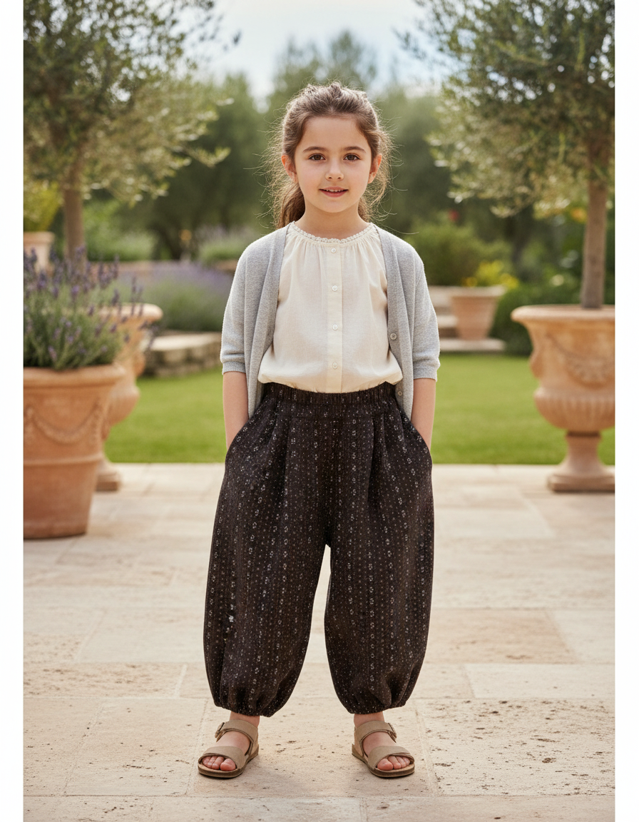Pantalon En Lin Noir Ample Imprimé Floral Enfant