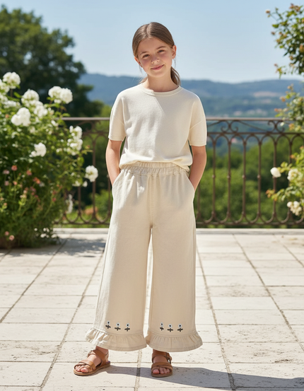 Pantalon En Lin Écru Volants Brodés Fille Ample - Beige