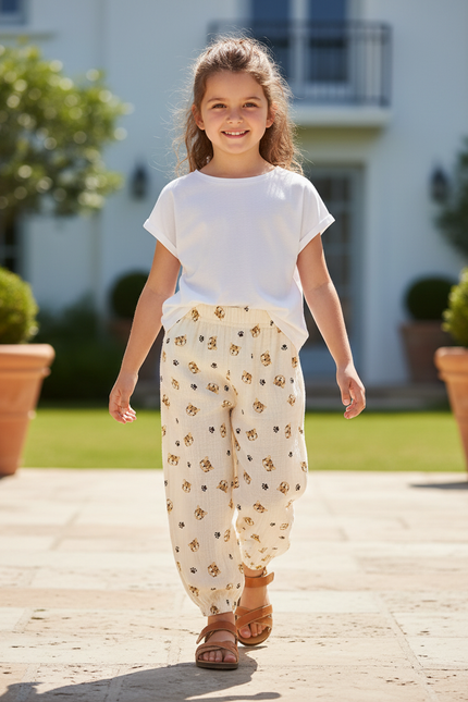 Pantalon En Lin Crème Ample Motif Ours Enfant - Beige