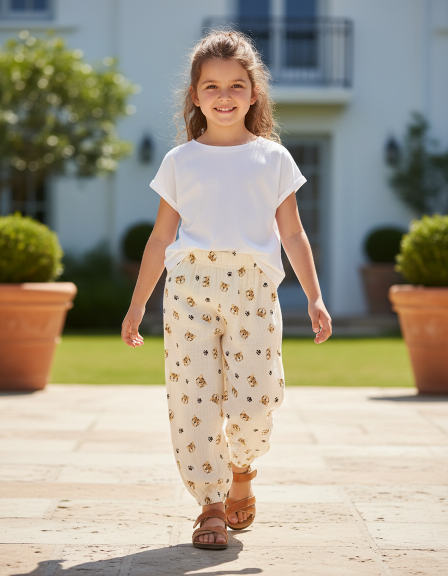 Pantalon En Lin Crème Ample Motif Ours Enfant - Beige
