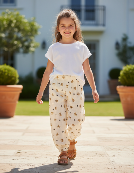 Pantalon En Lin Crème Ample Motif Ours Enfant - Beige