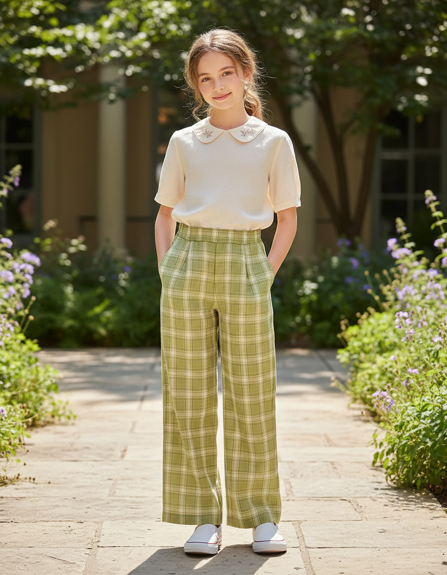 Pantalon En Lin Vert Ample Carreaux Décontracté Enfant