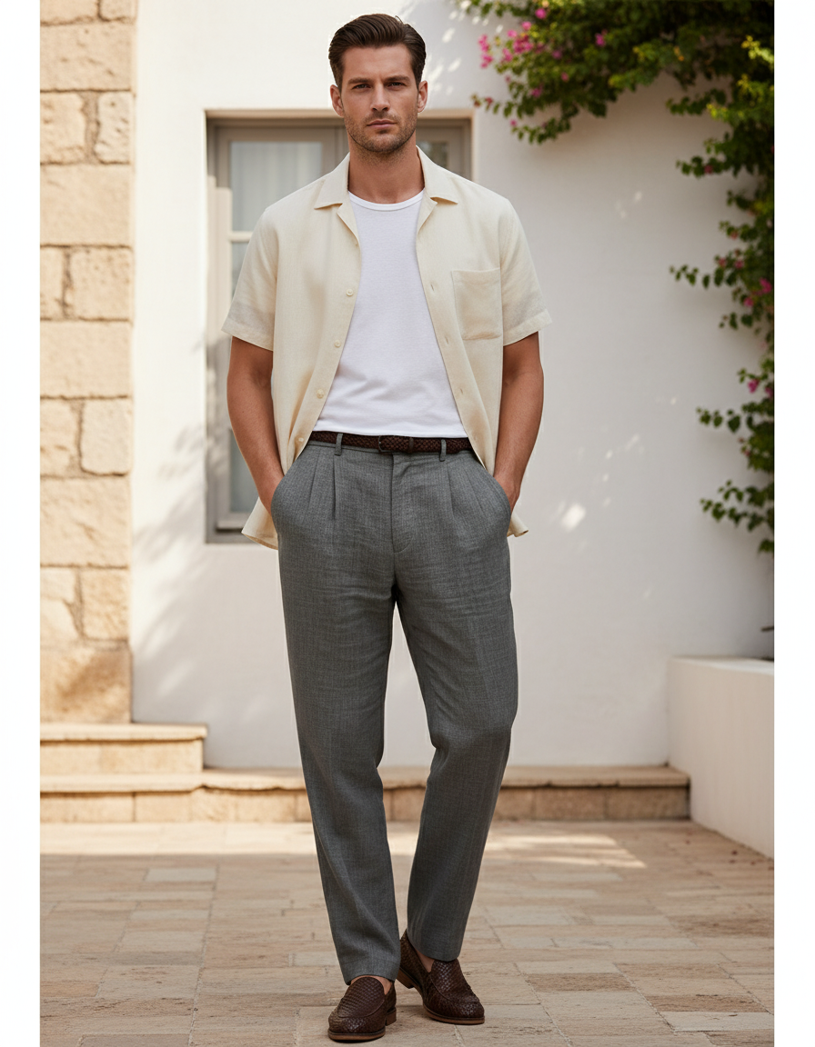 Pantalon En Lin Gris Plissé Droit Homme Élégant