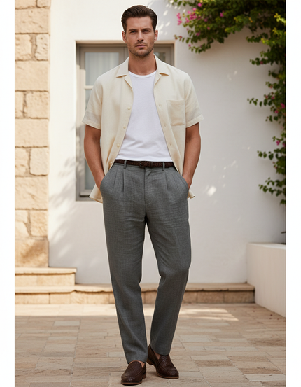 Pantalon En Lin Gris Plissé Droit Homme Élégant