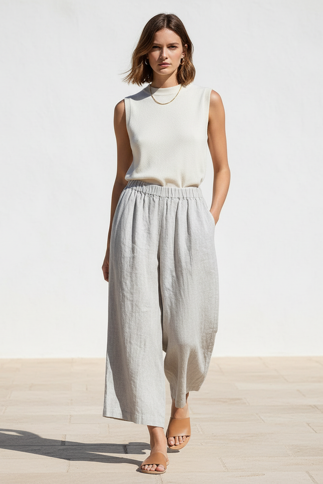 Pantalon En Lin Ample Fluide Gris Taille Élastique