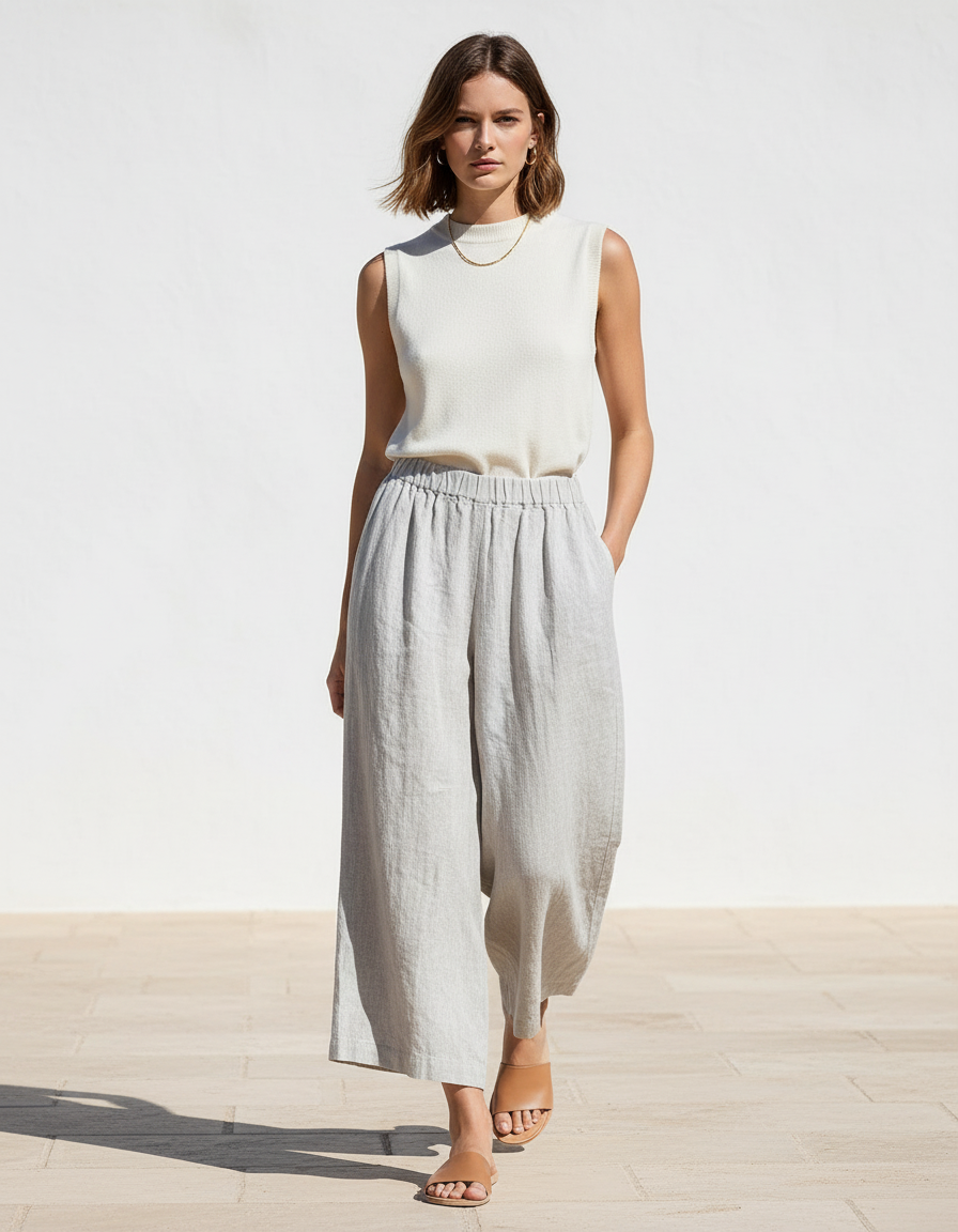 Pantalon En Lin Ample Fluide Gris Taille Élastique