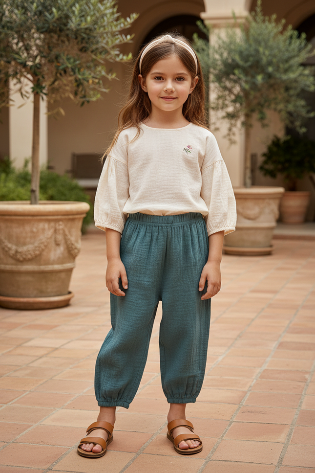 Pantalon En Lin Vert Canard Ample Fluide Fille