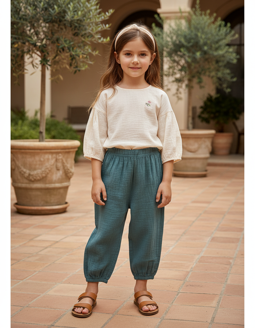 Pantalon En Lin Vert Canard Ample Fluide Fille