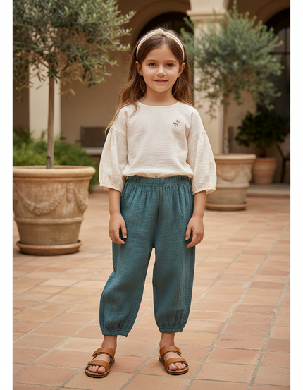 Pantalon En Lin Vert Canard Ample Fluide Fille