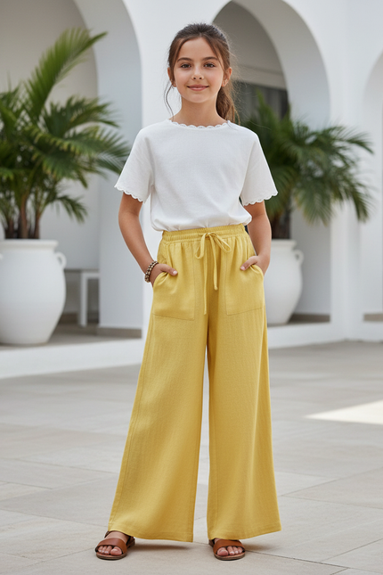 Pantalon En Lin Jaune Ample Fluide Décontracté Fille