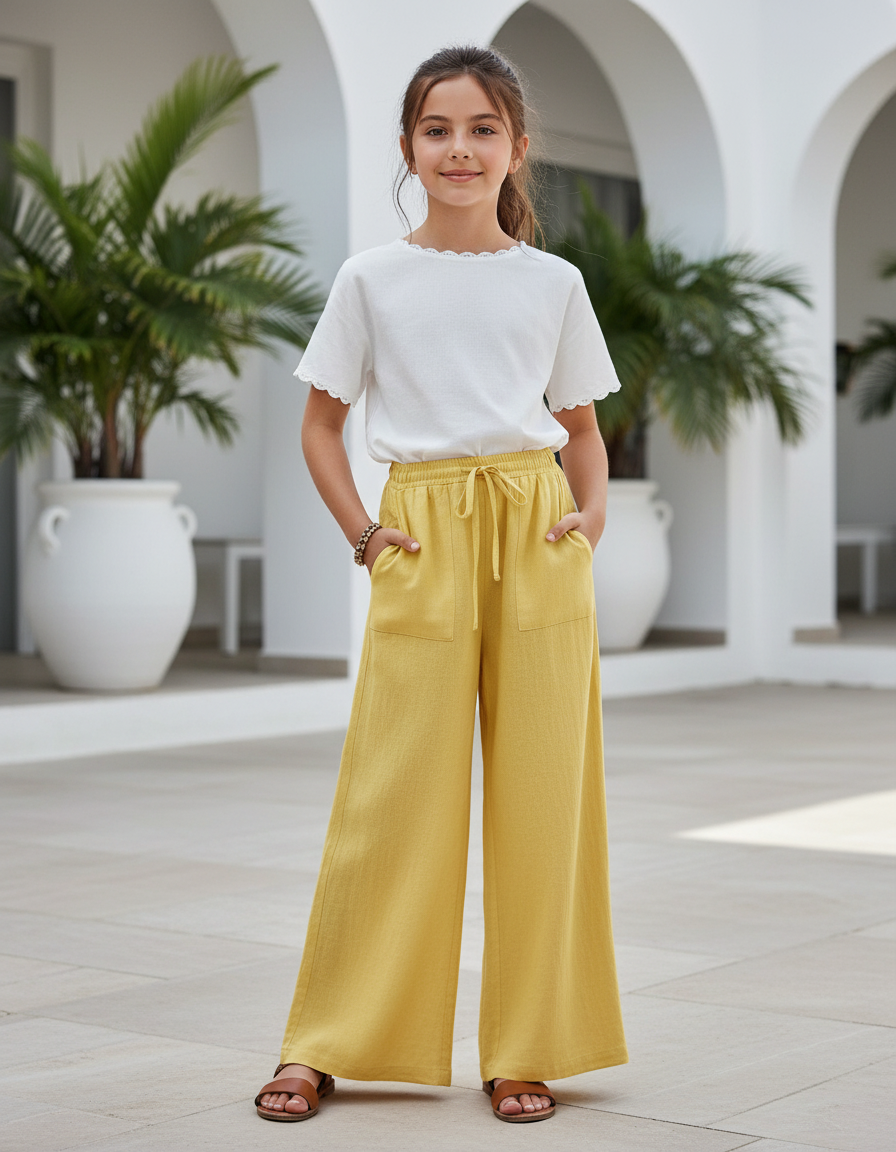 Pantalon En Lin Jaune Ample Fluide Décontracté Fille