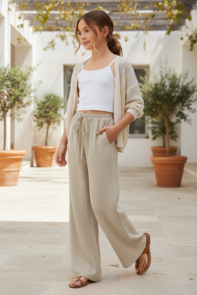 Pantalon En Lin Beige Ample Décontracté Fille Fluide