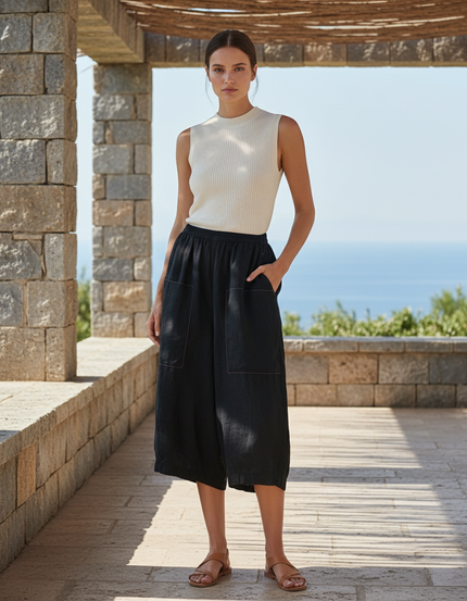 Pantalon En Lin Noir Ample Confortable Décontracté Femme