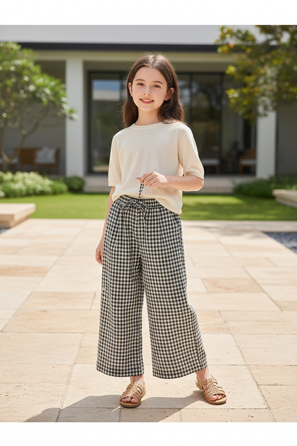 Pantalon En Lin Carreaux Vichy Ample Décontracté Enfant - Imprimé