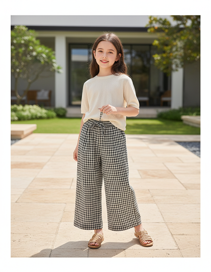 Pantalon En Lin Carreaux Vichy Ample Décontracté Enfant - Imprimé