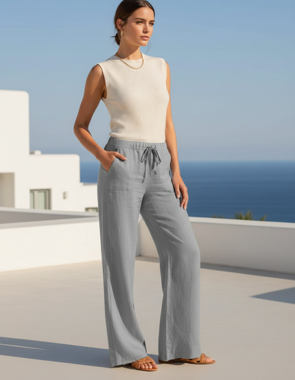 Pantalon En Lin Gris Fluide Décontracté Cordon Femme