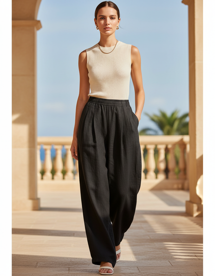 Pantalon En Lin Noir Ample Fluide Taille Élastique Femme