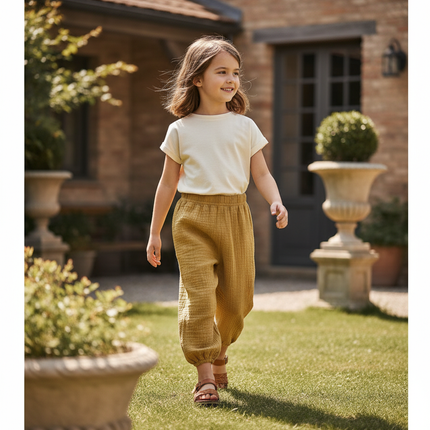 Pantalon En Lin Jaune Ample Plissé Enfant