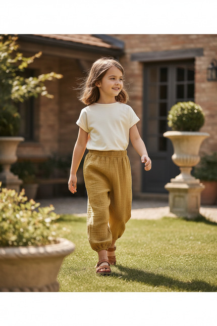 Pantalon En Lin Jaune Ample Plissé Enfant
