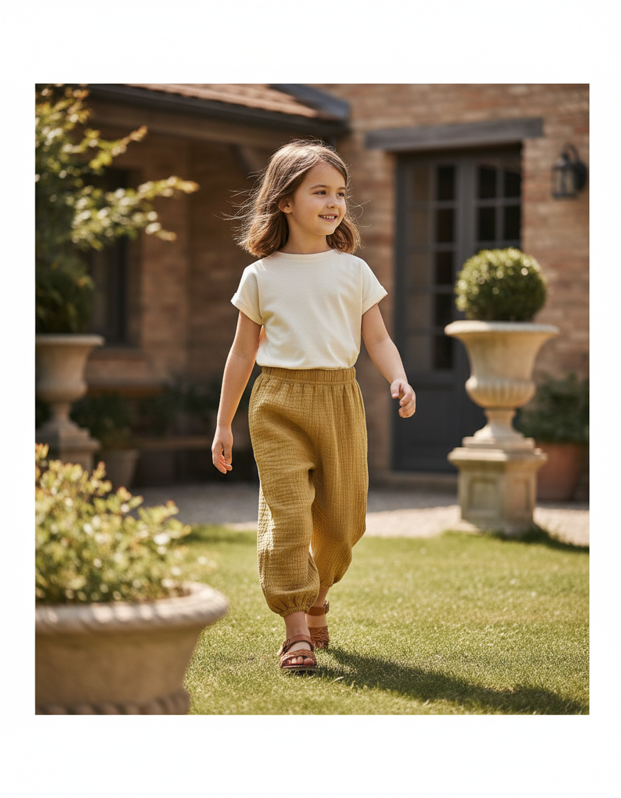 Pantalon En Lin Jaune Ample Plissé Enfant
