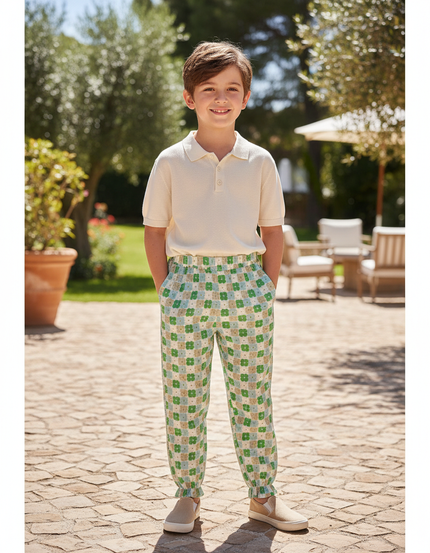 Pantalon En Lin Carreaux Floraux Ample Estival Enfant - Multicolore