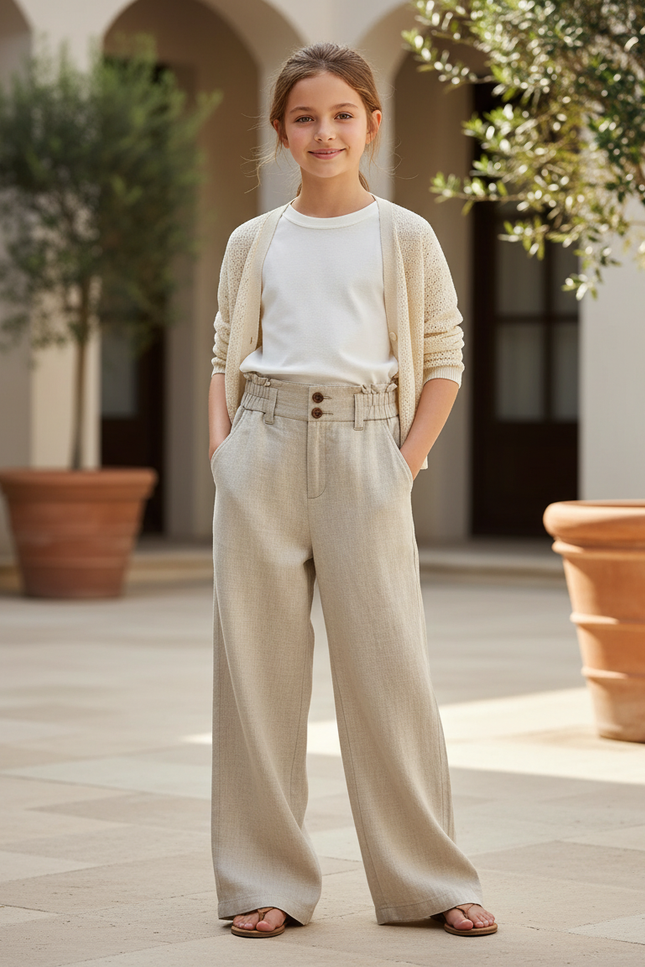 Pantalon En Lin Beige Taille Haute Ample Fluide Fille