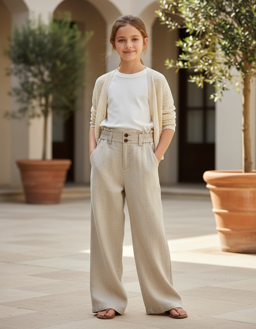 Pantalon En Lin Beige Taille Haute Ample Fluide Fille