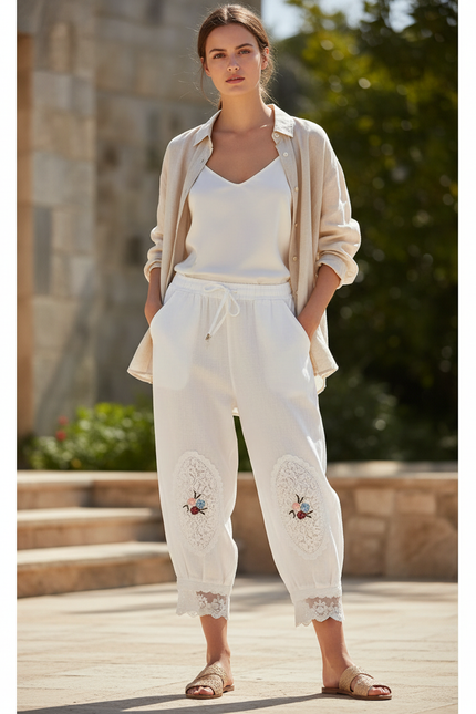 Pantalon En Lin Blanc Brodé Ample Décontracté Femme