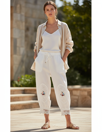 Pantalon En Lin Blanc Brodé Ample Décontracté Femme