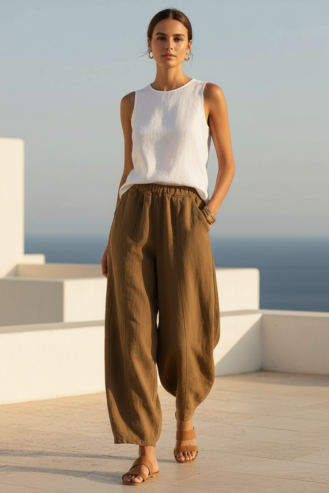 Pantalon En Lin Marron - Kaki