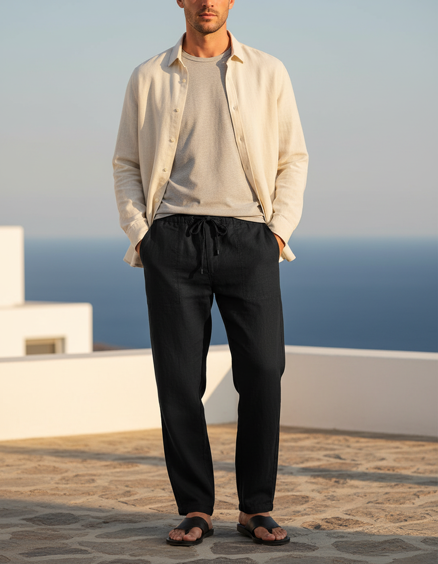Pantalon En Lin Homme Noir Coupe Ample Casual Été