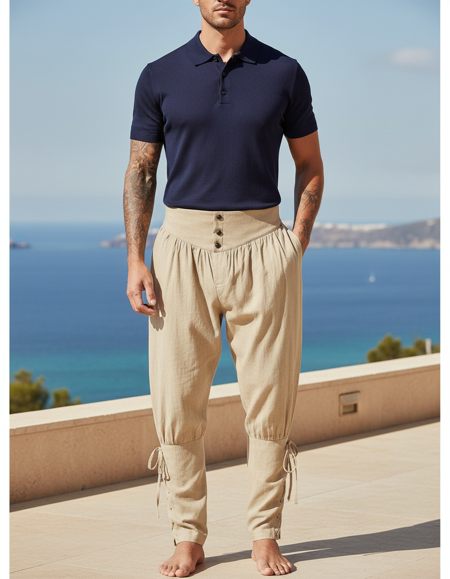 Pantalon En Lin Beige Médiéval Ample Lacets Homme