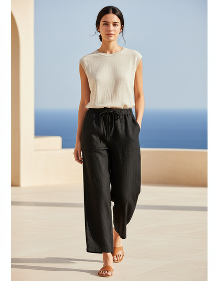 Pantalon En Lin Noir Ample Taille Élastique Fluide