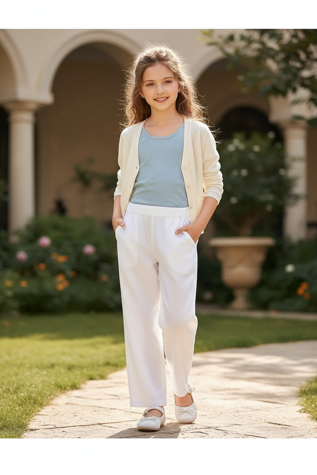 Pantalon En Lin Blanc Ample Enfant Décontracté