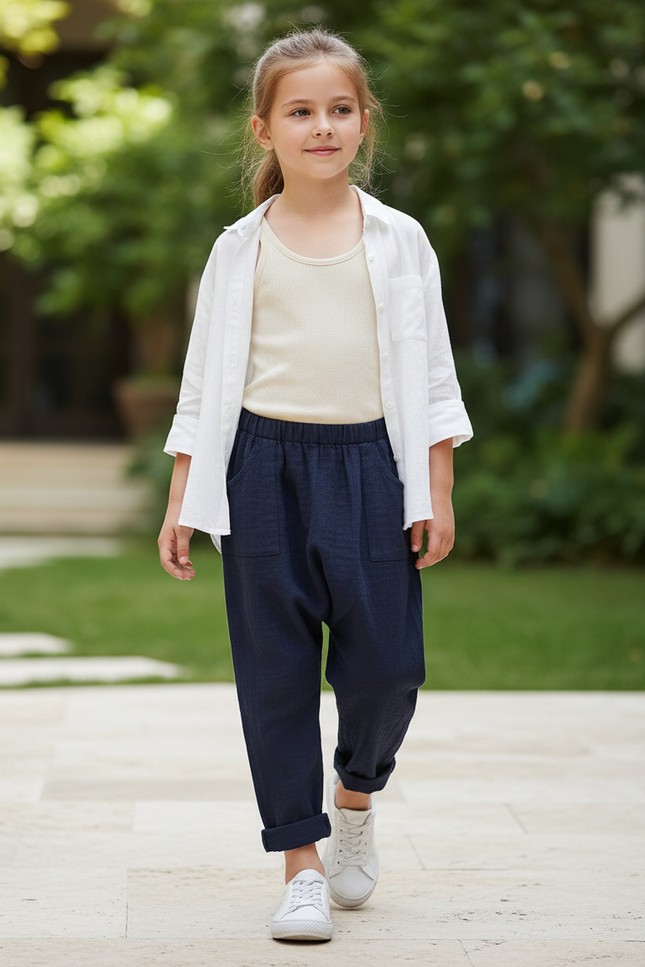 Pantalon En Lin Bleu Marine Ample Décontracté Enfants