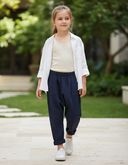 Pantalon En Lin Bleu Marine Ample Décontracté Enfants