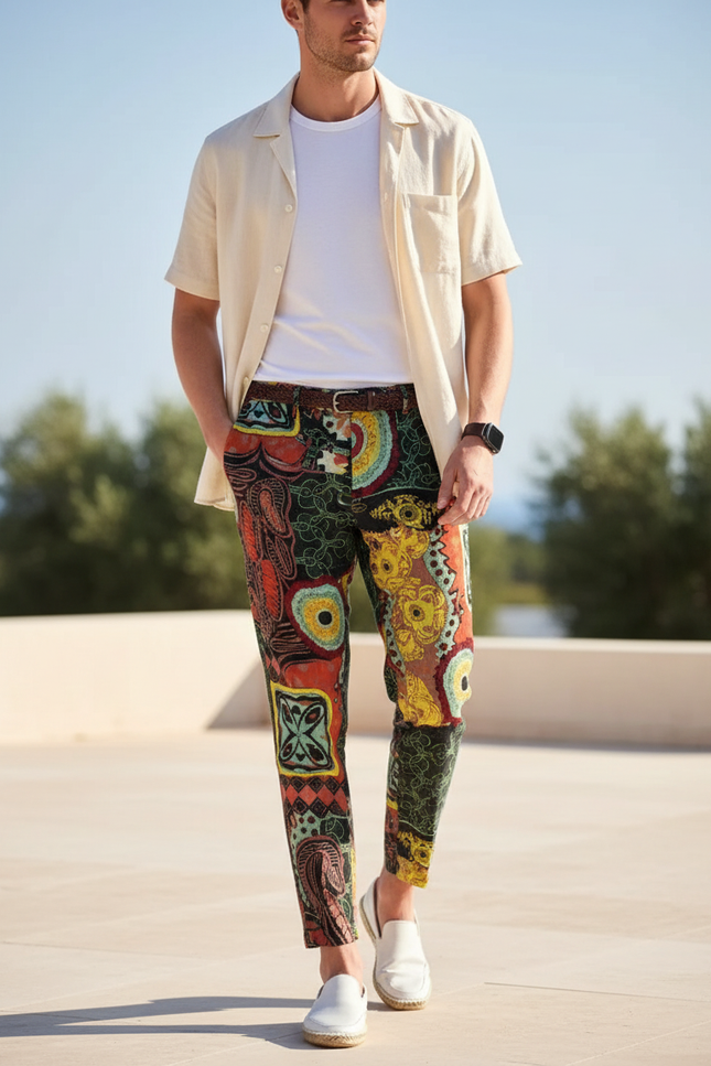 Pantalon En Lin Imprimé Ethnique Multicolore Coupe Slim Homme