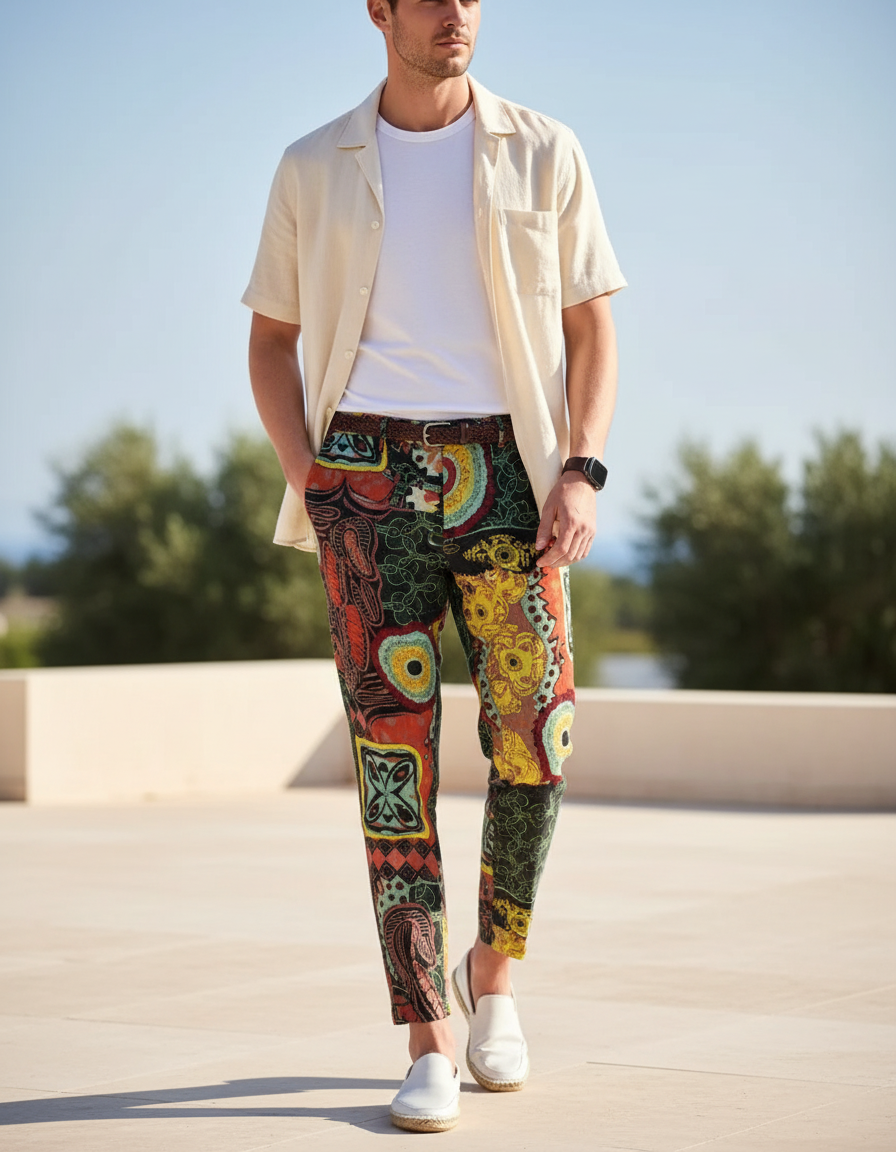 Pantalon En Lin Imprimé Ethnique Multicolore Coupe Slim Homme
